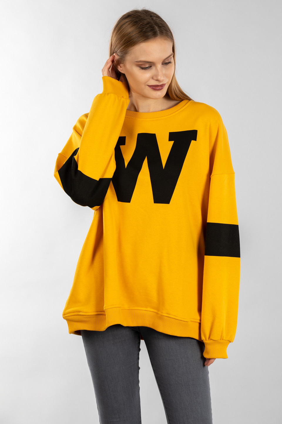 W baskılı oversize sweatshirt-5194 Hardal/Siyah