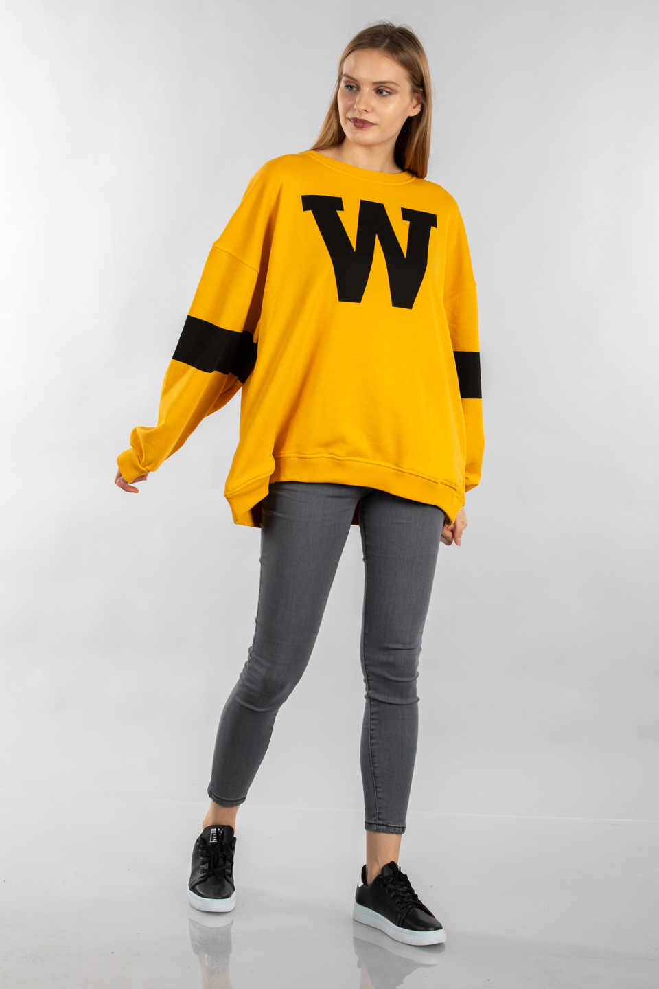 W baskılı oversize sweatshirt-5194 Hardal/Siyah