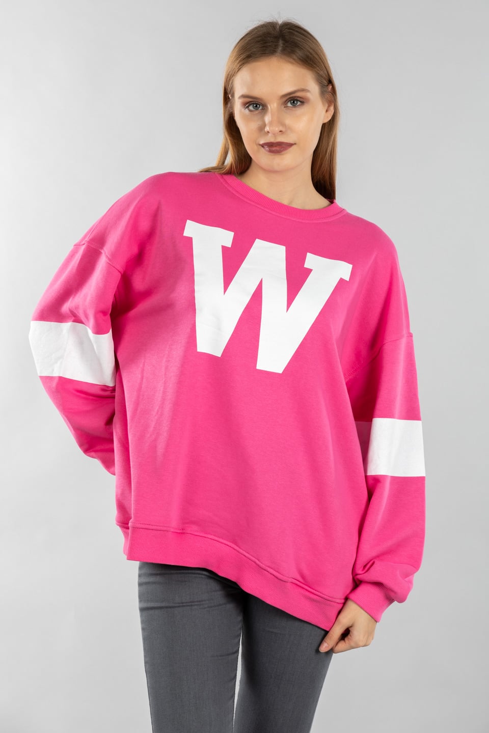 W baskılı oversize sweatshirt-5194 Pembe/Beyaz