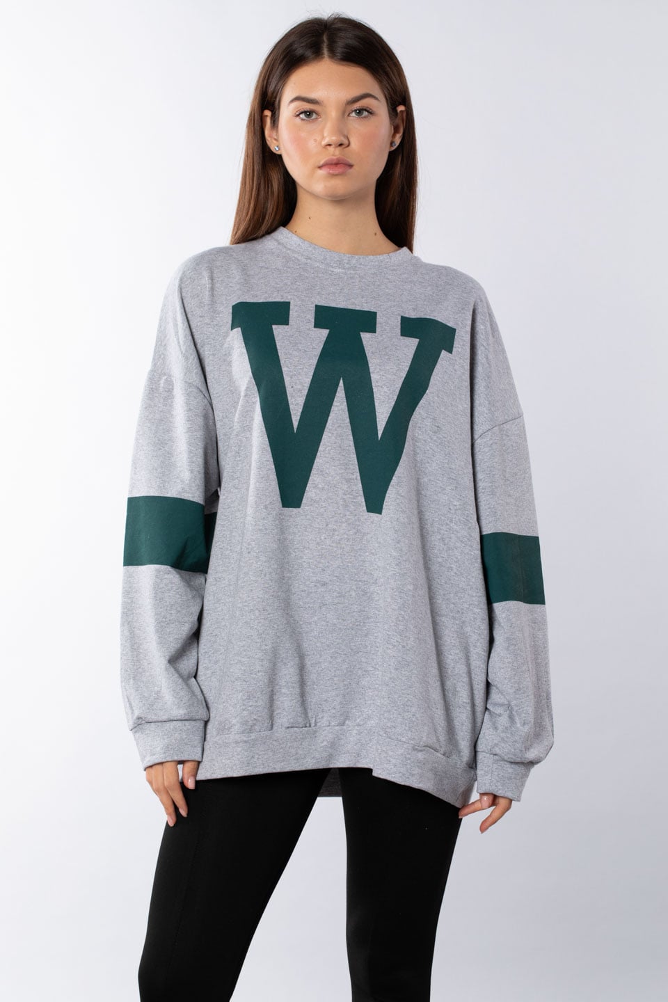 W baskılı sweatshırt-498 Gri