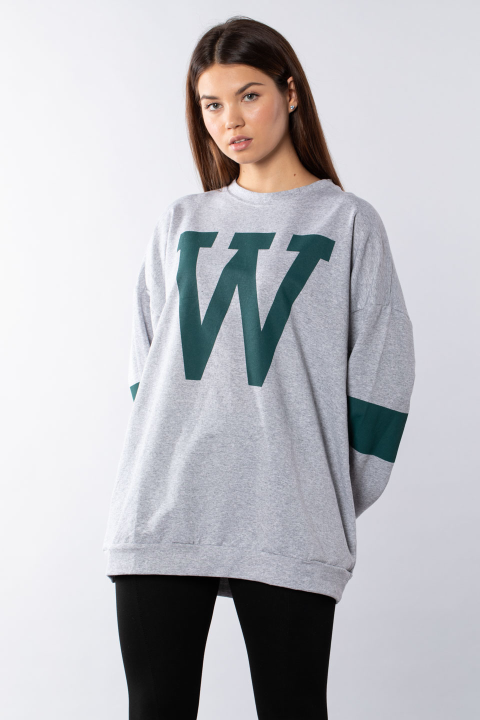 W baskılı sweatshırt-498 Gri