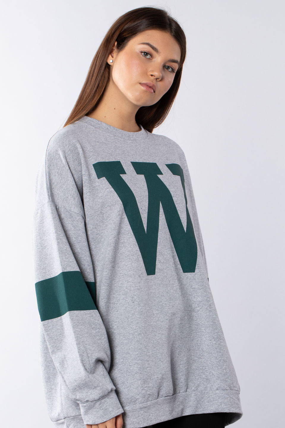W baskılı sweatshırt-498 Gri