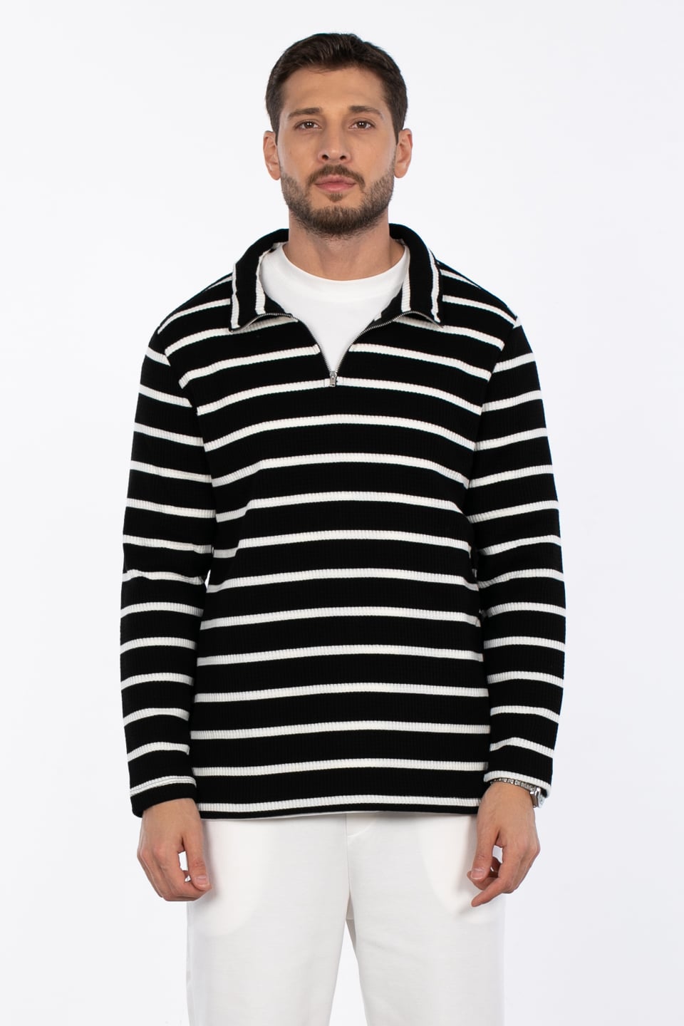 Waffle çizgili triko kazak COOL LINE-1143 Siyah/Beyaz