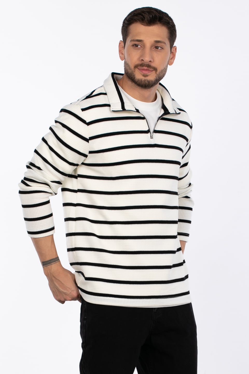 Waffle çizgili triko kazak COOL LINE-1143 Beyaz/Siyah