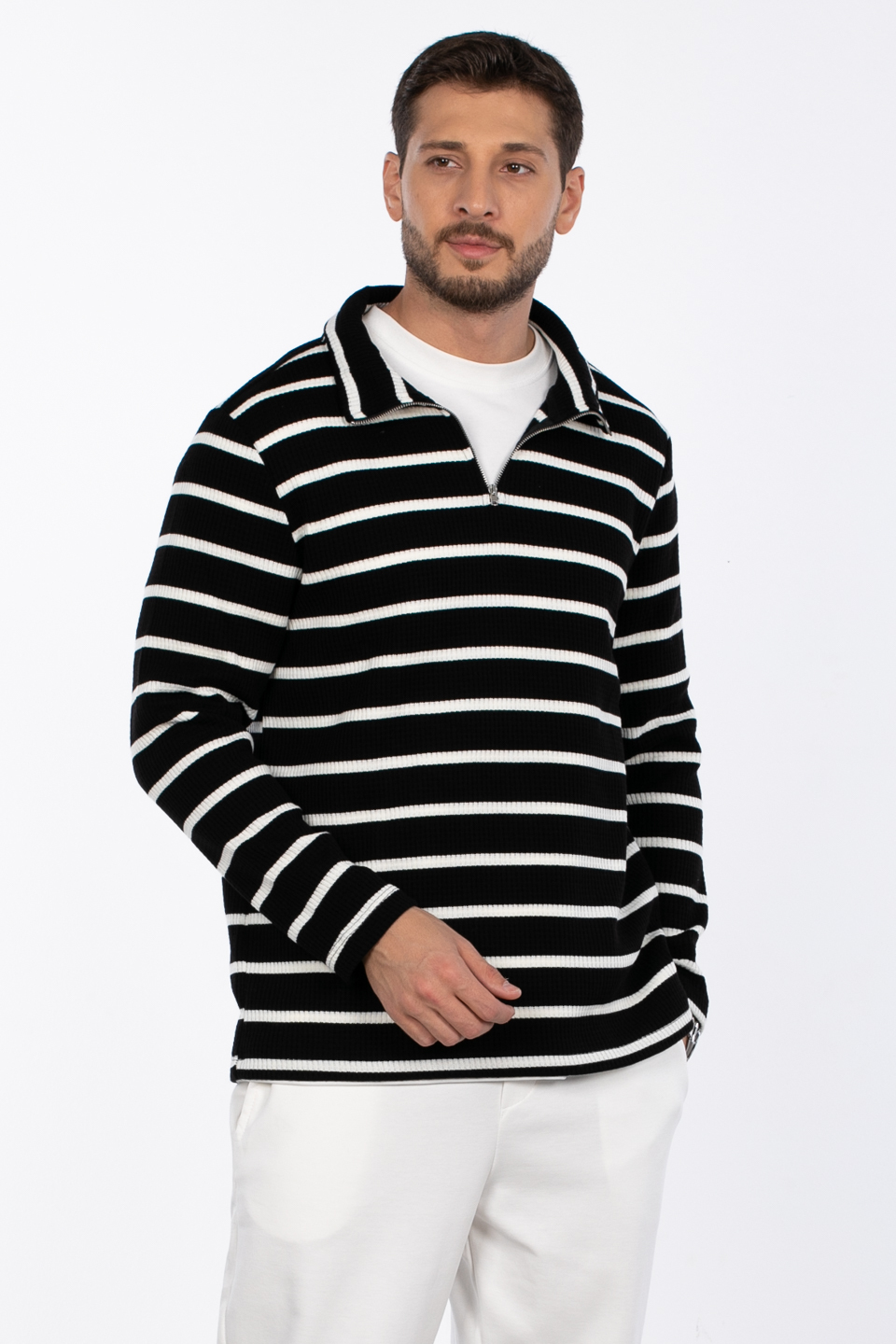 Waffle çizgili triko kazak COOL LINE-1143 Siyah/Beyaz