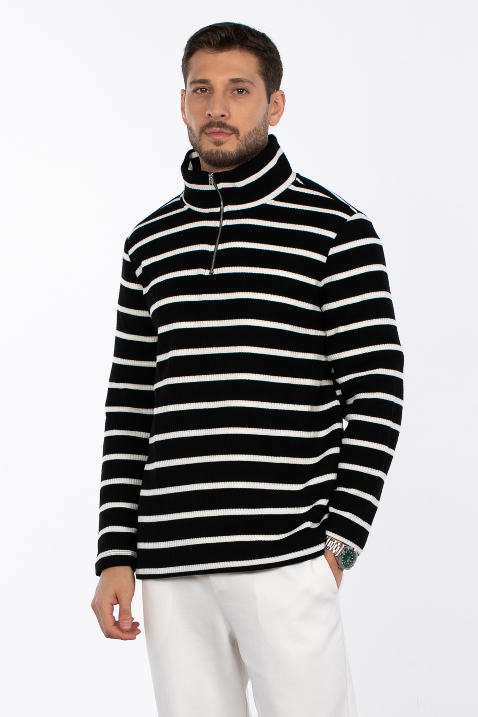 Waffle çizgili triko kazak COOL LINE-1143 Siyah/Beyaz