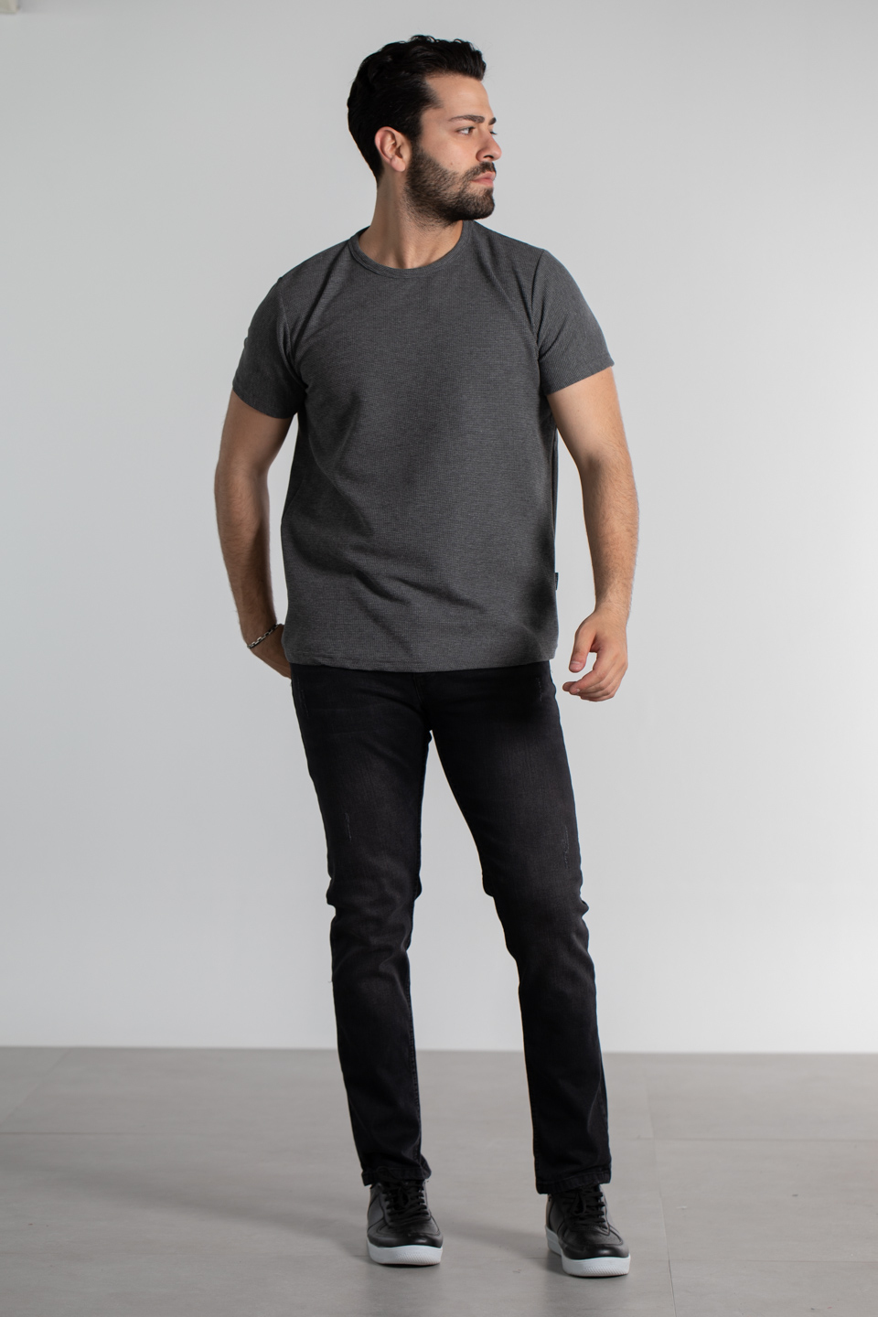 Waffle kumaş basıc t-shirt-1435 Antrasit