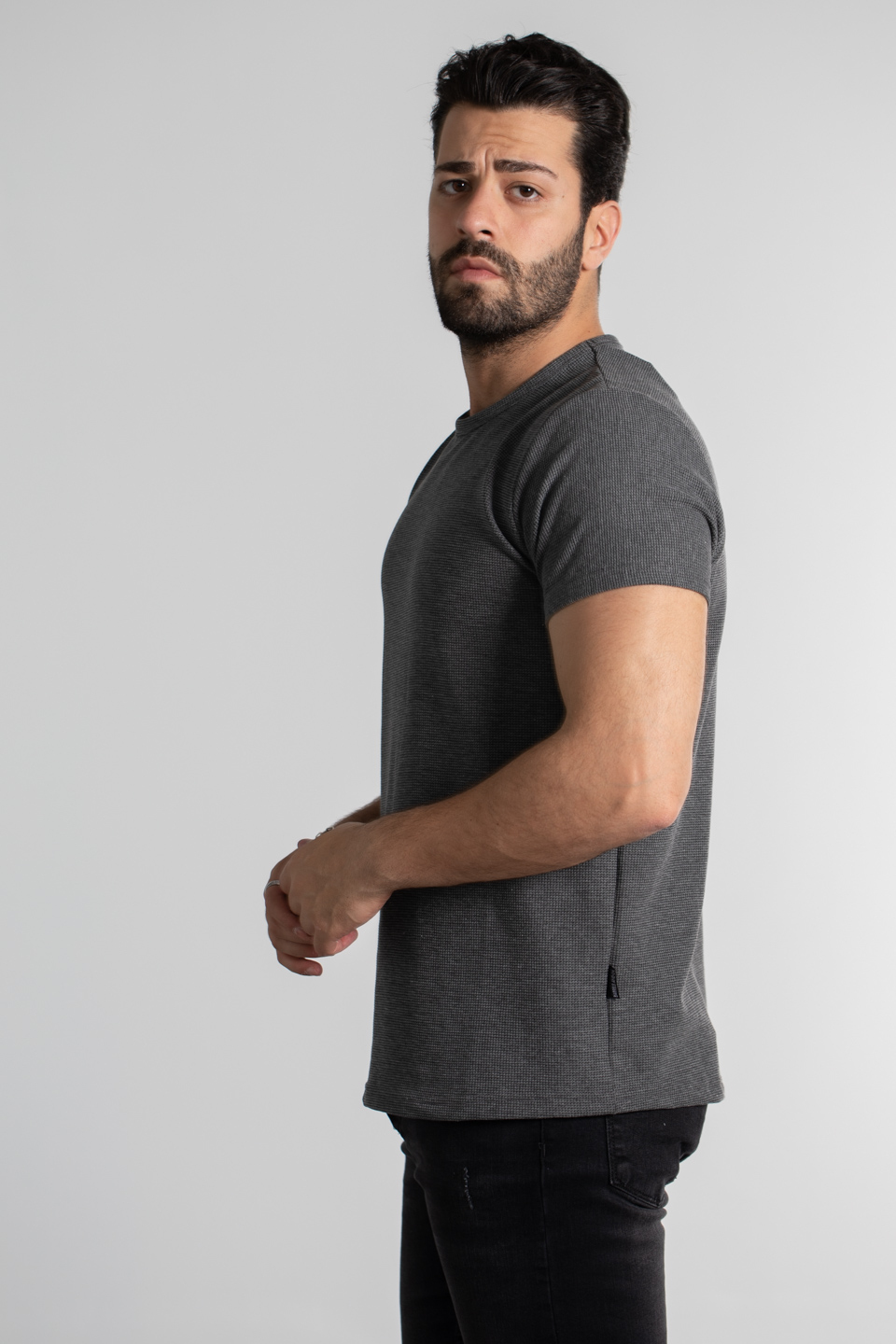 Waffle kumaş basıc t-shirt-1435 Antrasit