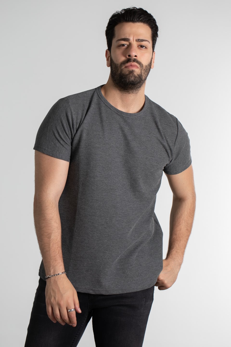 Waffle kumaş basıc t-shirt-1435 Antrasit