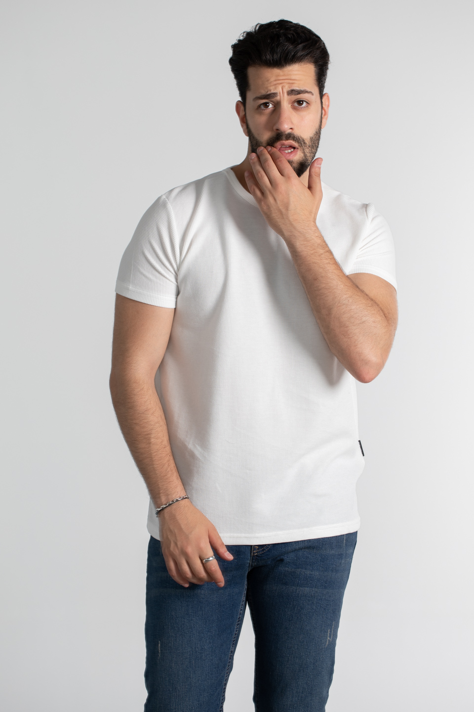 Waffle kumaş basıc t-shirt-1435 Ekru