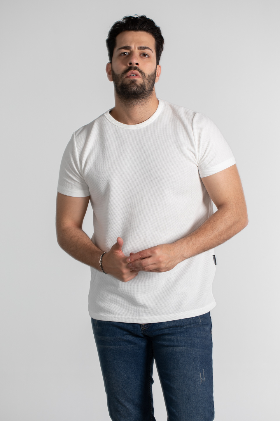 Waffle kumaş basıc t-shirt-1435 Ekru