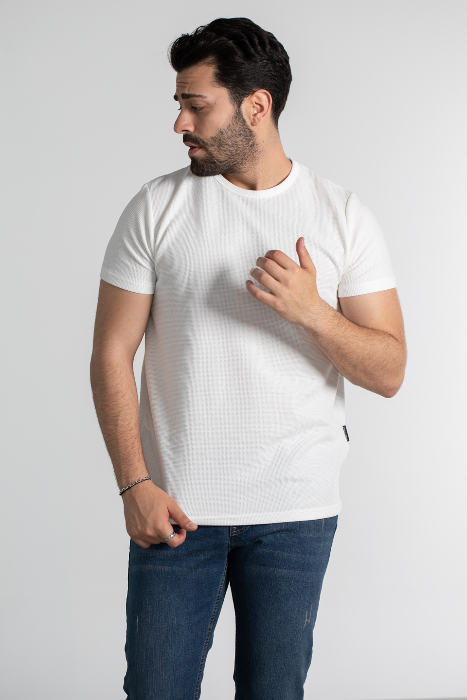 Waffle kumaş basıc t-shirt-1435 Ekru