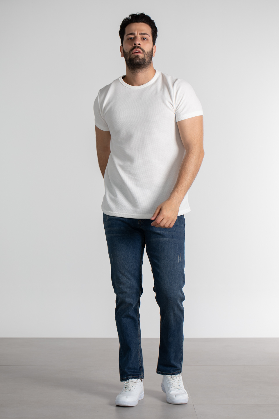 Waffle kumaş basıc t-shirt-1435 Ekru