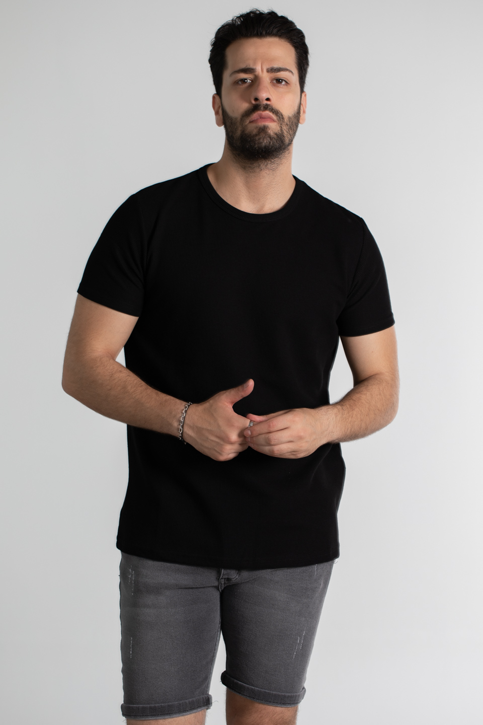 Waffle kumaş basıc t-shirt-1435 Siyah