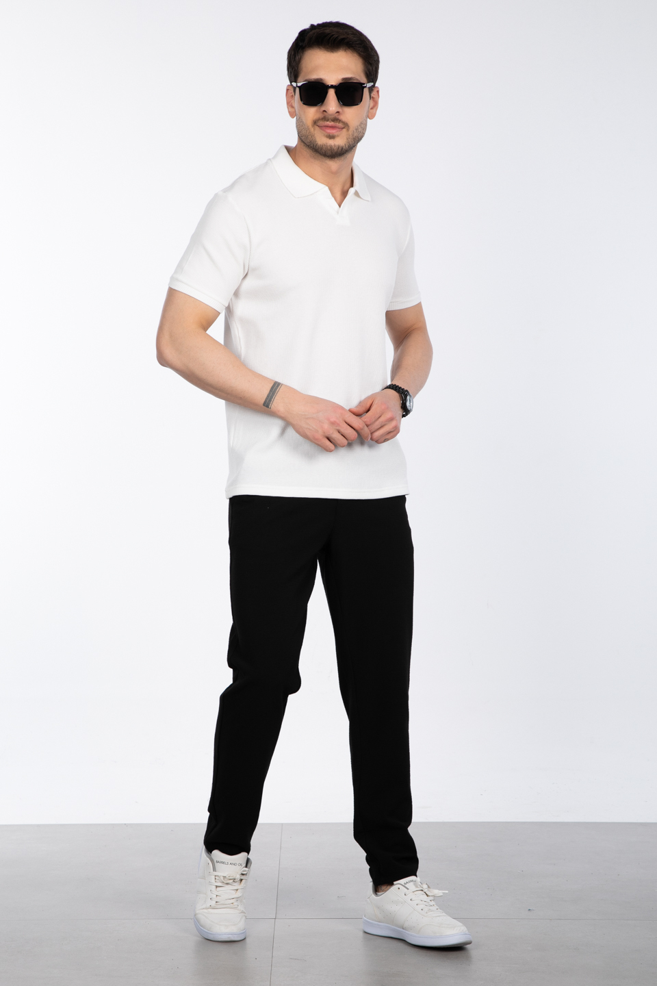 Waffle yakalı t-shirt-2645 Ekru