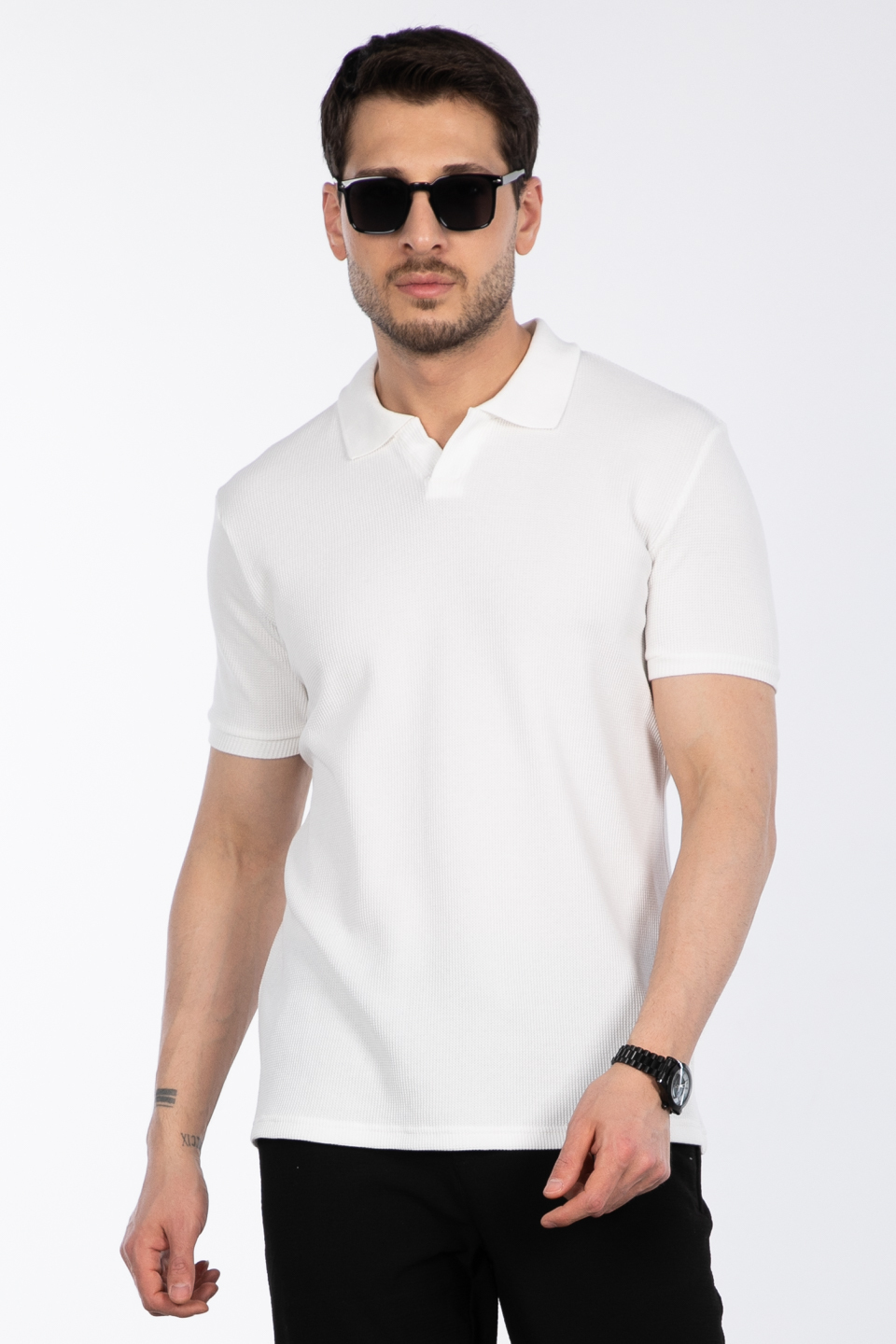 Waffle yakalı t-shirt-2645 Ekru