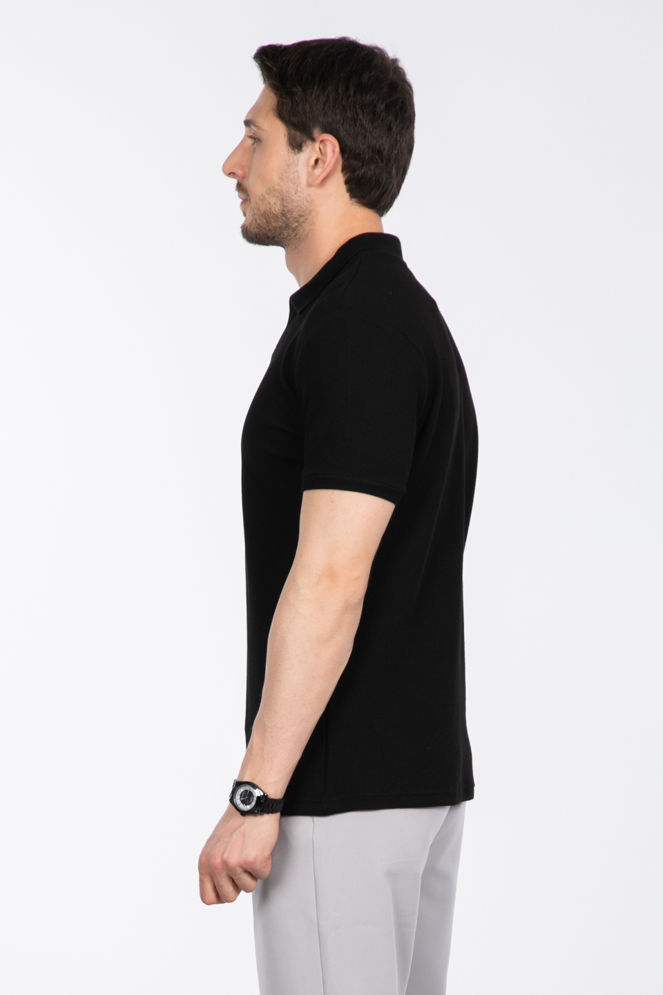 Waffle yakalı t-shirt-2645 Siyah