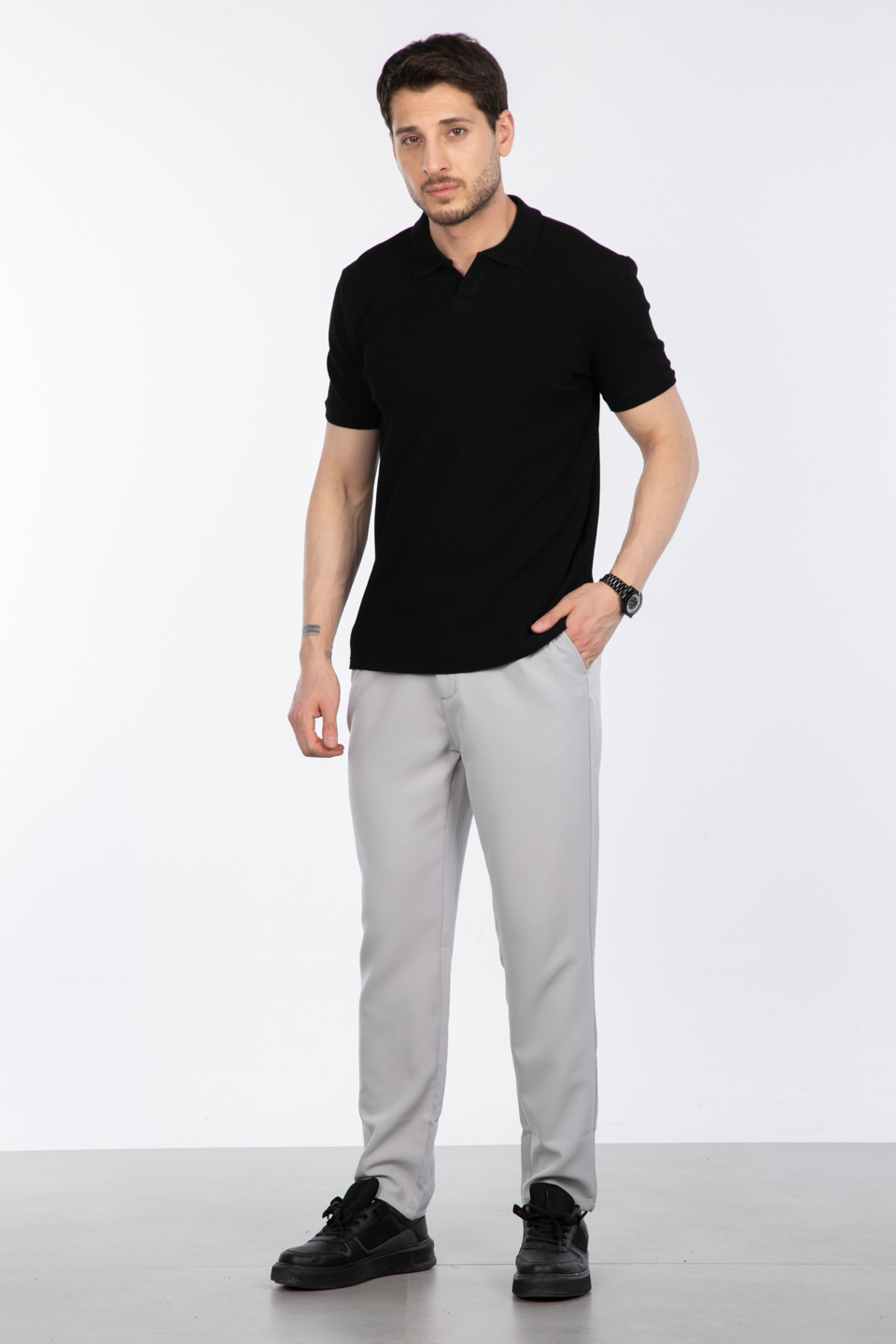 Waffle yakalı t-shirt-2645 Siyah
