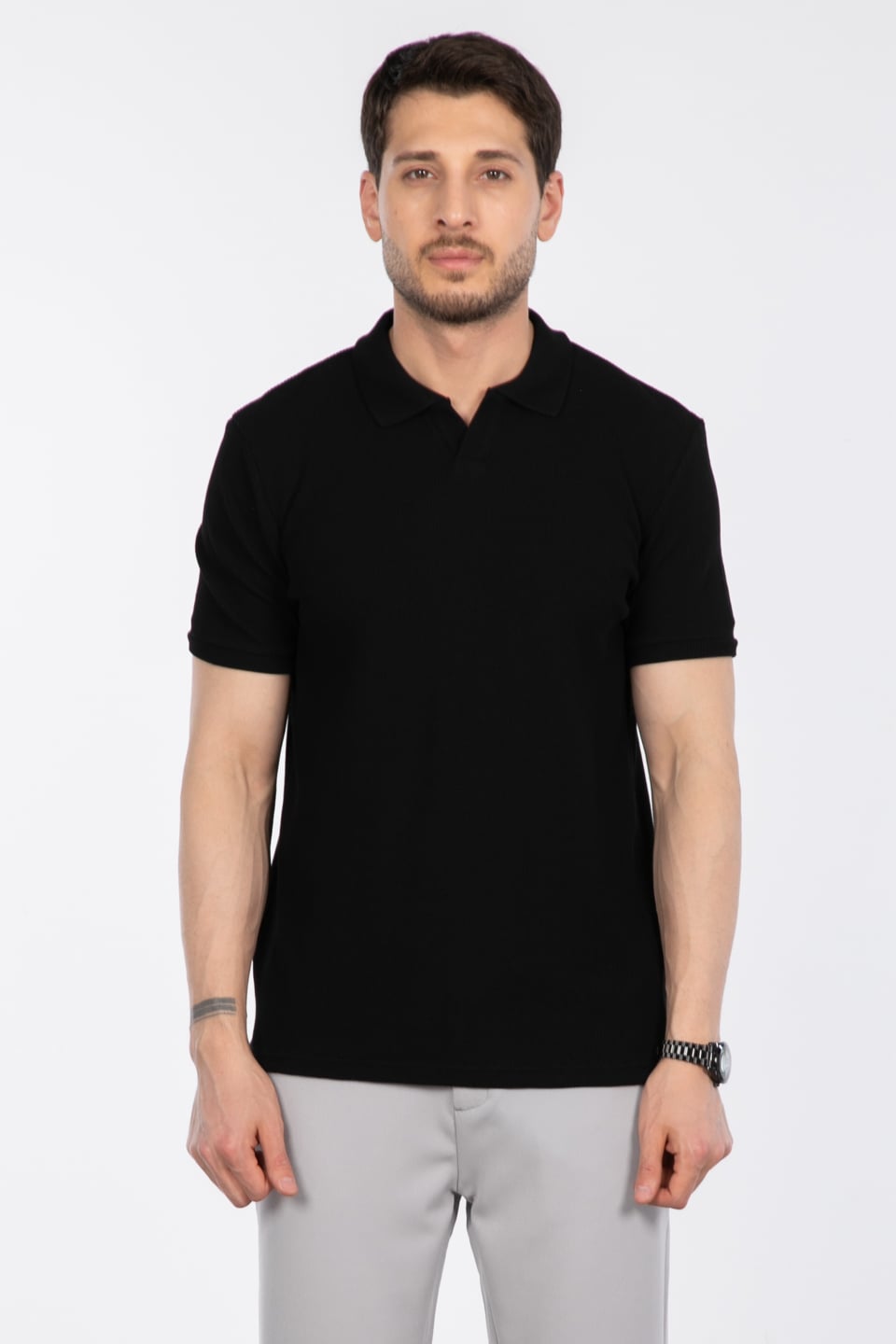 Waffle yakalı t-shirt-2645 Siyah