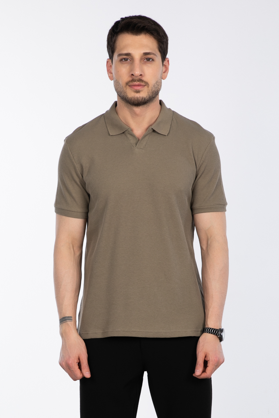 Waffle yakalı t-shirt-2645 V.Yeşil
