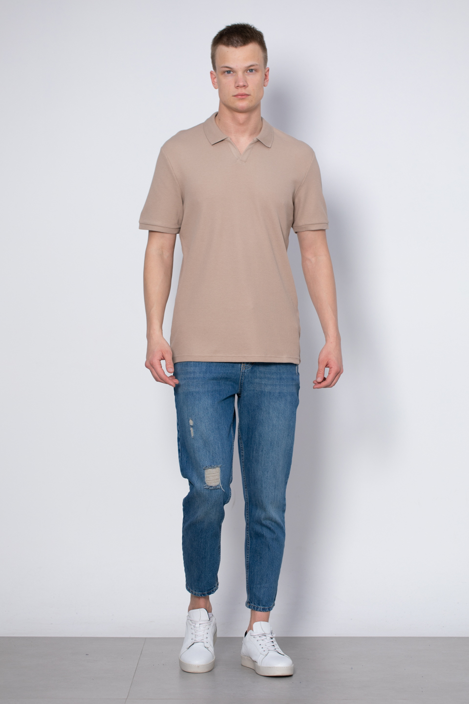 Waffle yakalı t-shirt-2645 Vizon