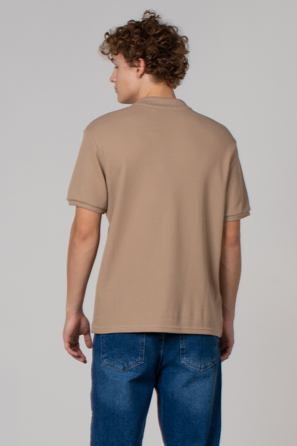 Waffle yakalı t-shırt-2645 Vizon