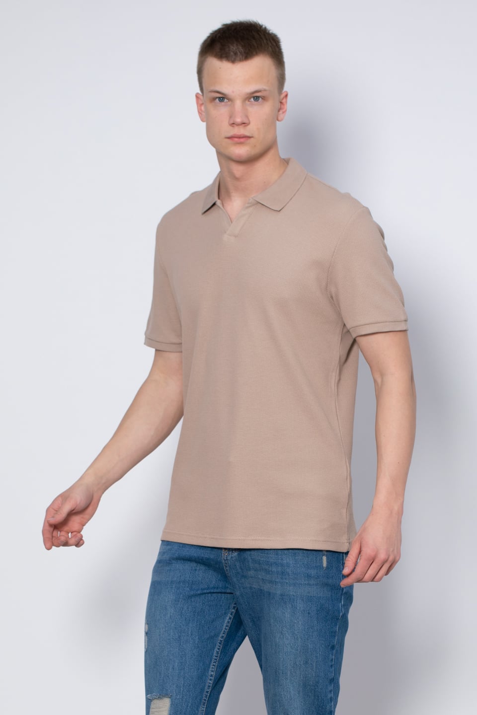 Waffle yakalı t-shirt-2645 Vizon