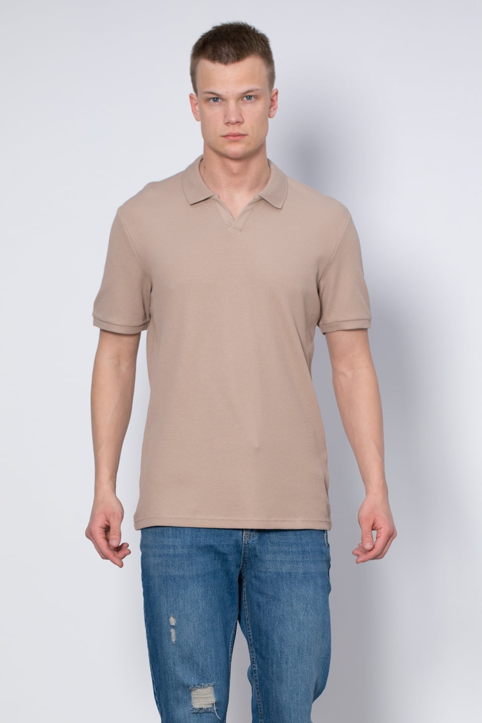 Waffle yakalı t-shirt-2645 Vizon