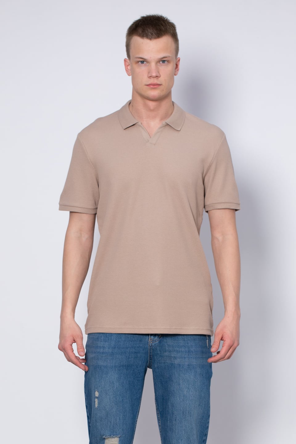 Waffle yakalı t-shirt-2645 Vizon