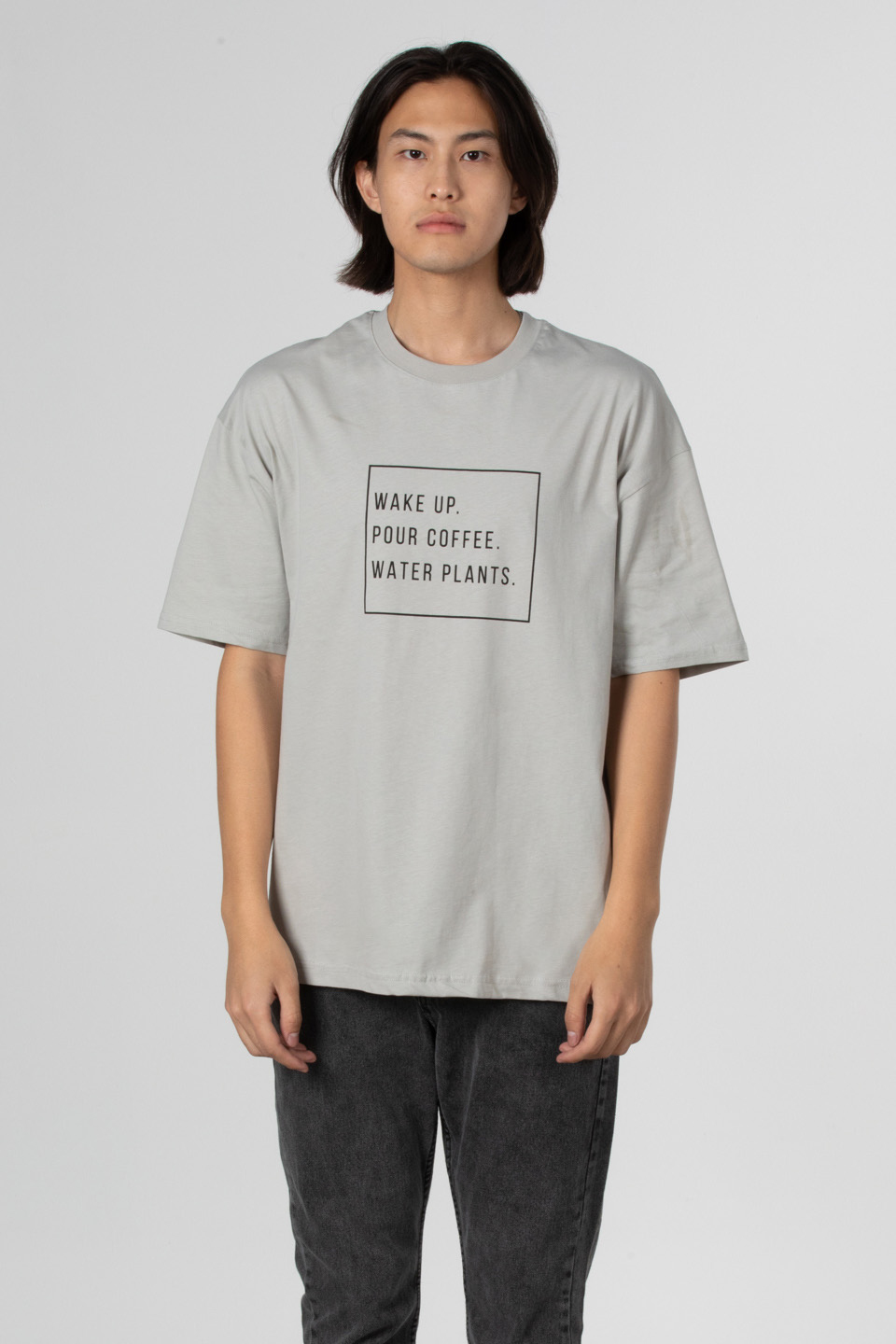 Wake up yazılı t-shirt-5029 Boyalı Gri