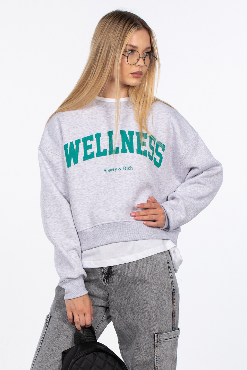 Wellness baskılı sweatshirt-DVN0843 Kar Melanj
