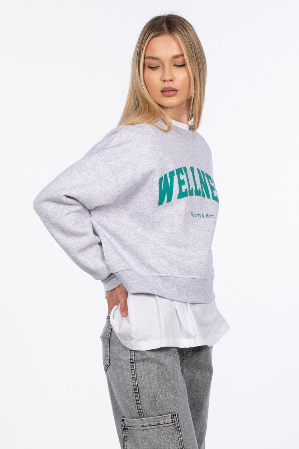 Wellness baskılı sweatshirt-DVN0843 Kar Melanj