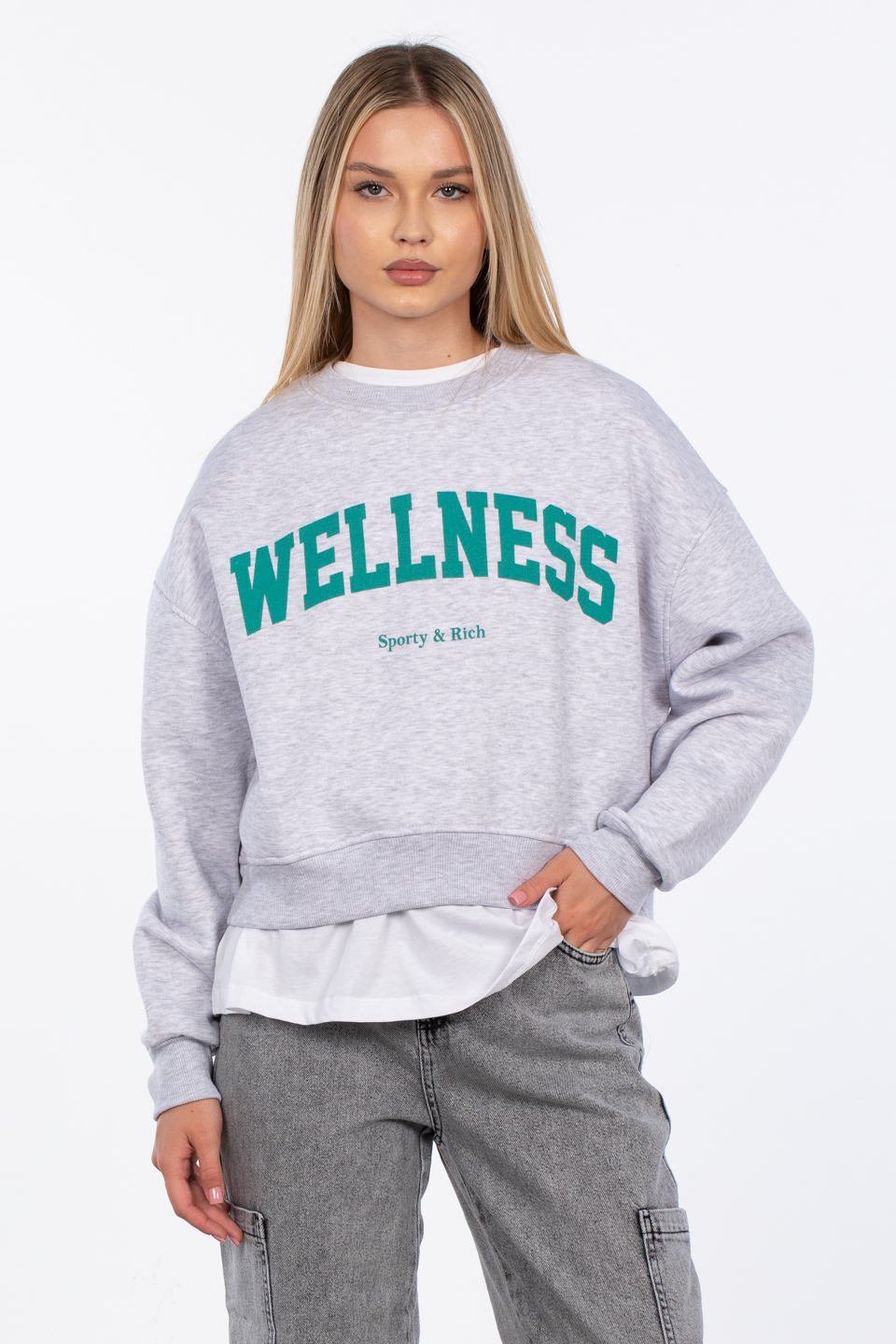 Wellness baskılı sweatshirt-DVN0843 Kar Melanj