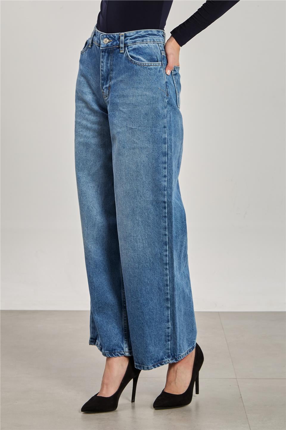 Wide leg jean pantolon-3530 Açık Mavi