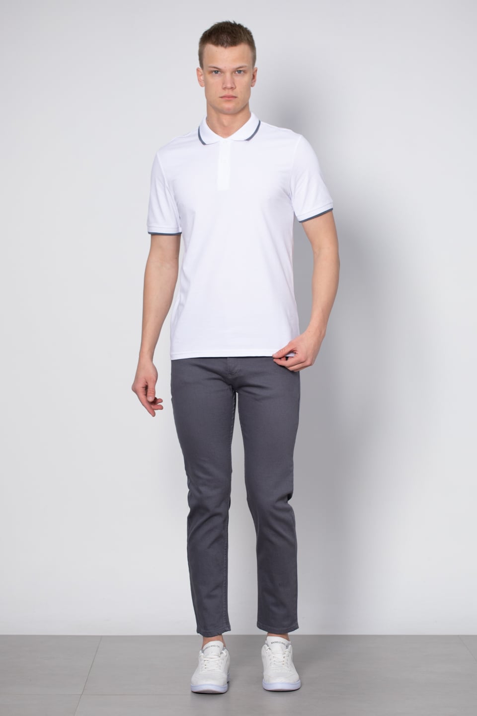 Yaka çizgili likralı pike t-shirt-2063 Beyaz