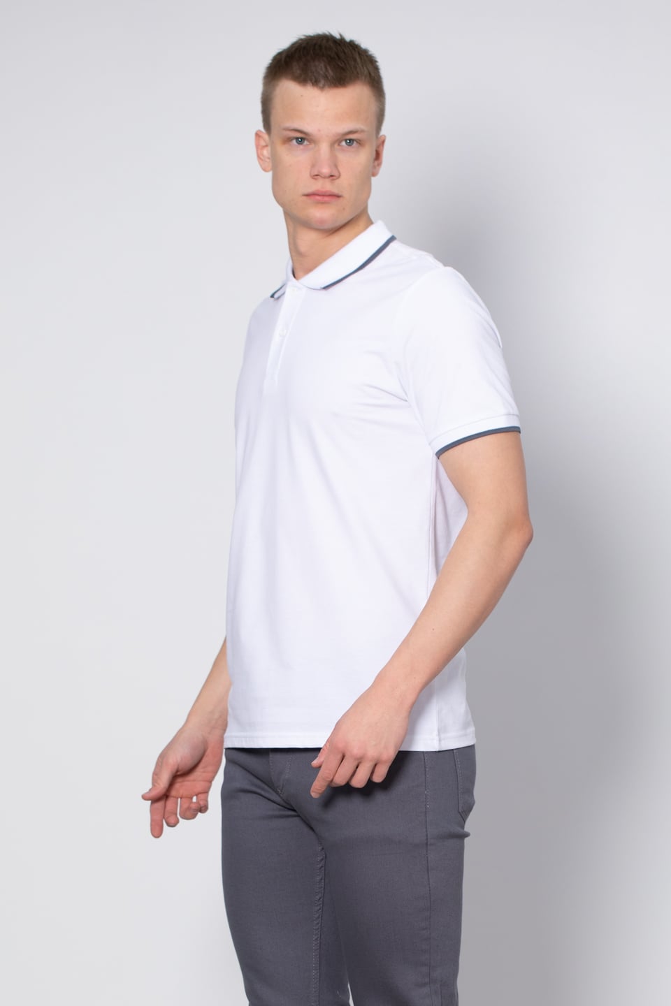 Yaka çizgili likralı pike t-shirt-2063 Beyaz