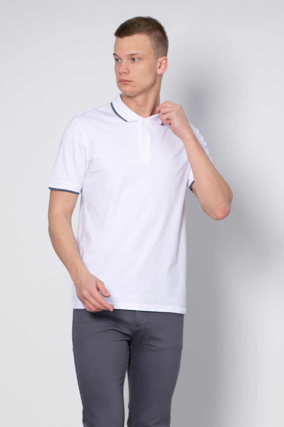 Yaka çizgili likralı pike t-shirt-2063 Beyaz