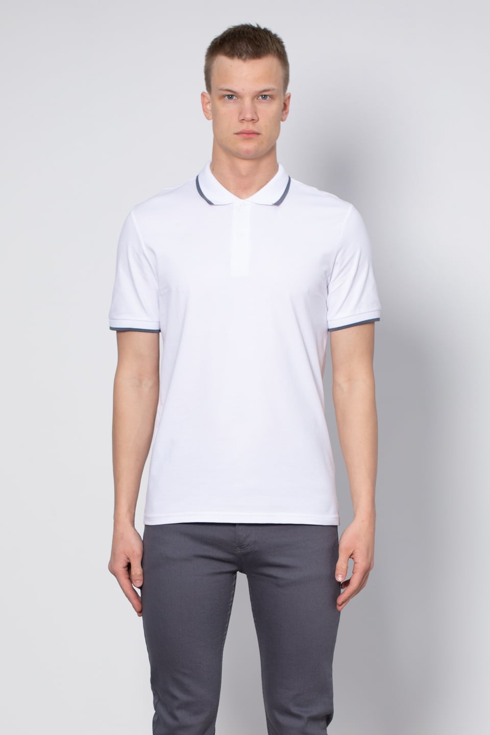 Yaka çizgili likralı pike t-shirt-2063 Beyaz