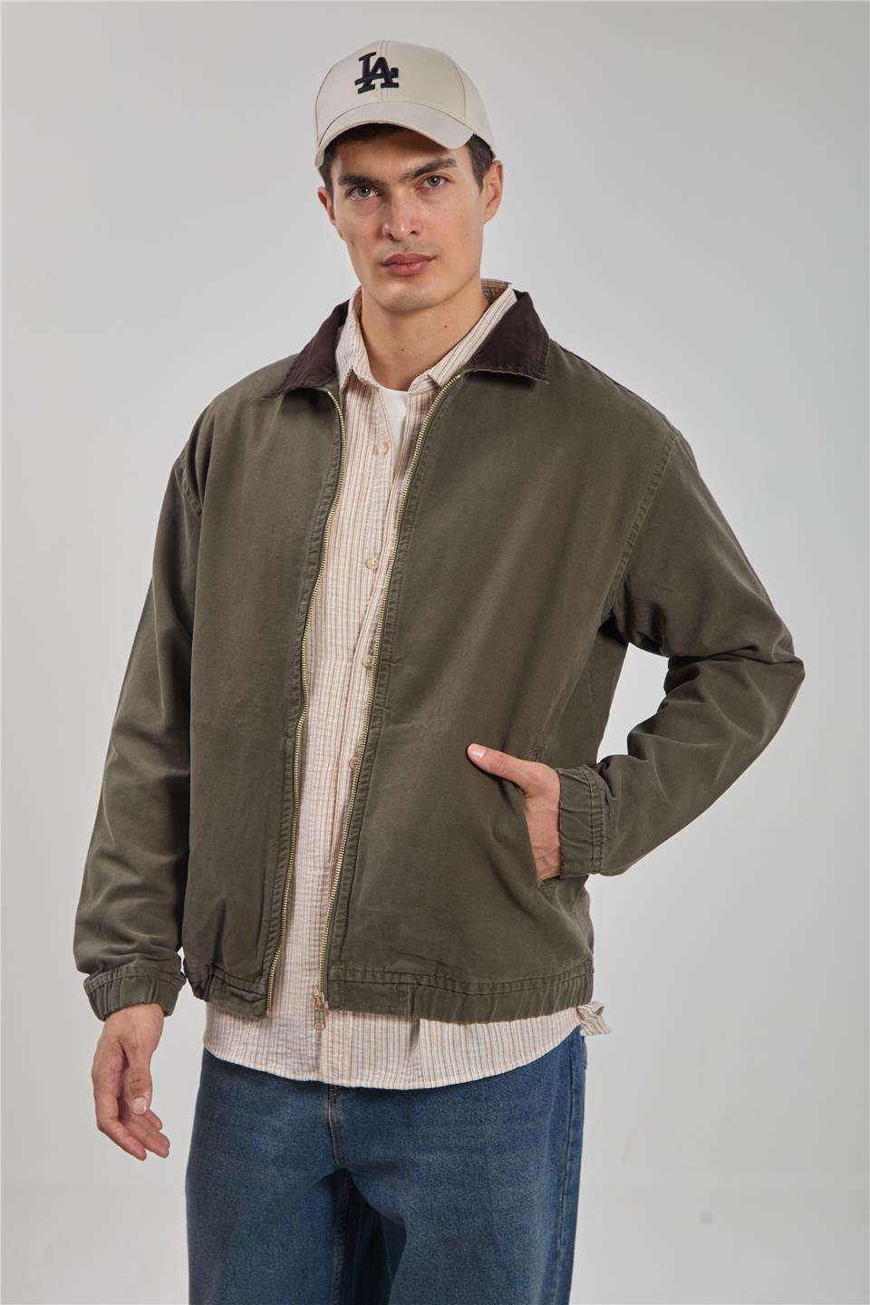 Yaka detay gabardin ceket-2893 Haki