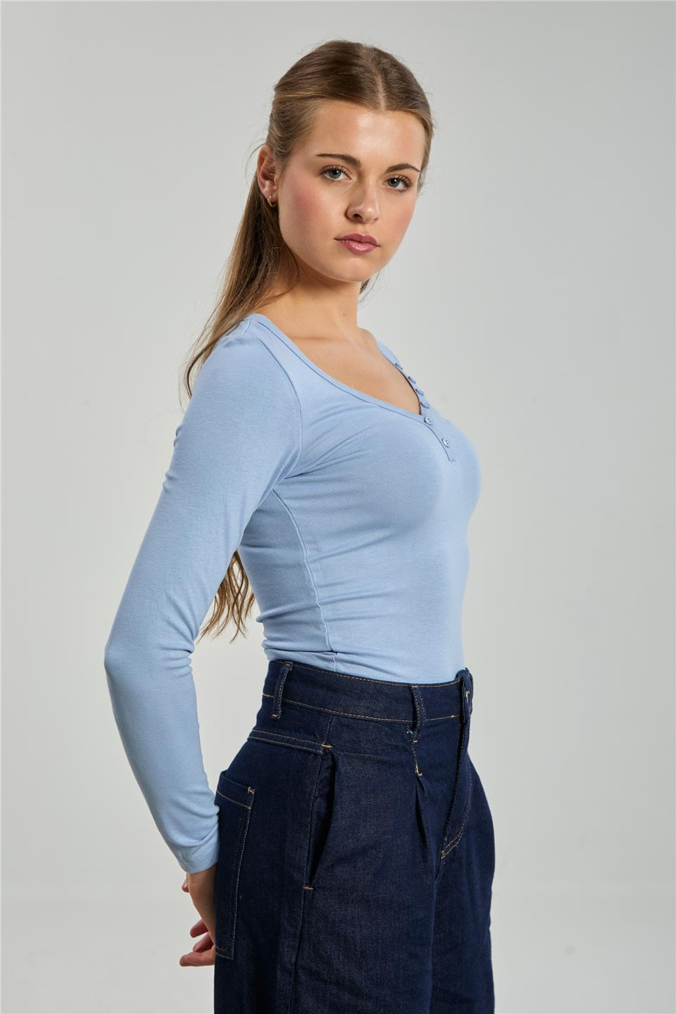 Yaka düğmeli uzun kol body-10656 Mavi