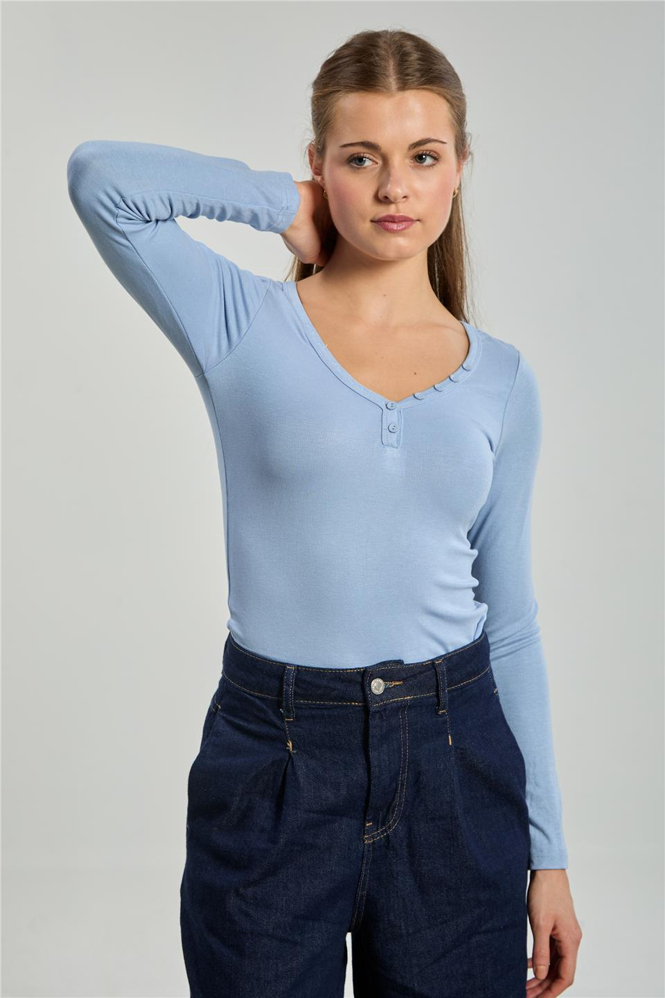 Yaka düğmeli uzun kol body-10656 Mavi