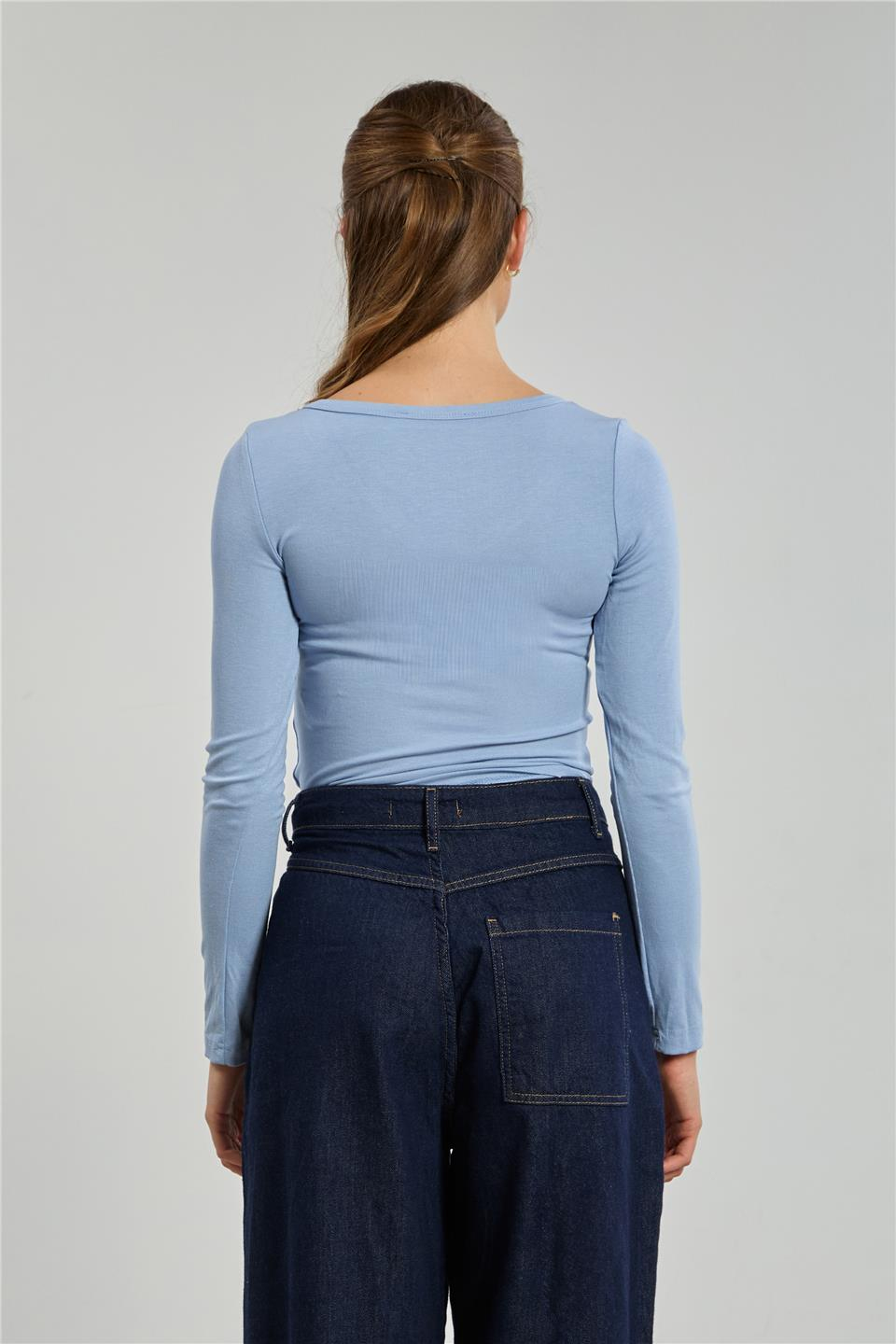 Yaka düğmeli uzun kol body-10656 Mavi