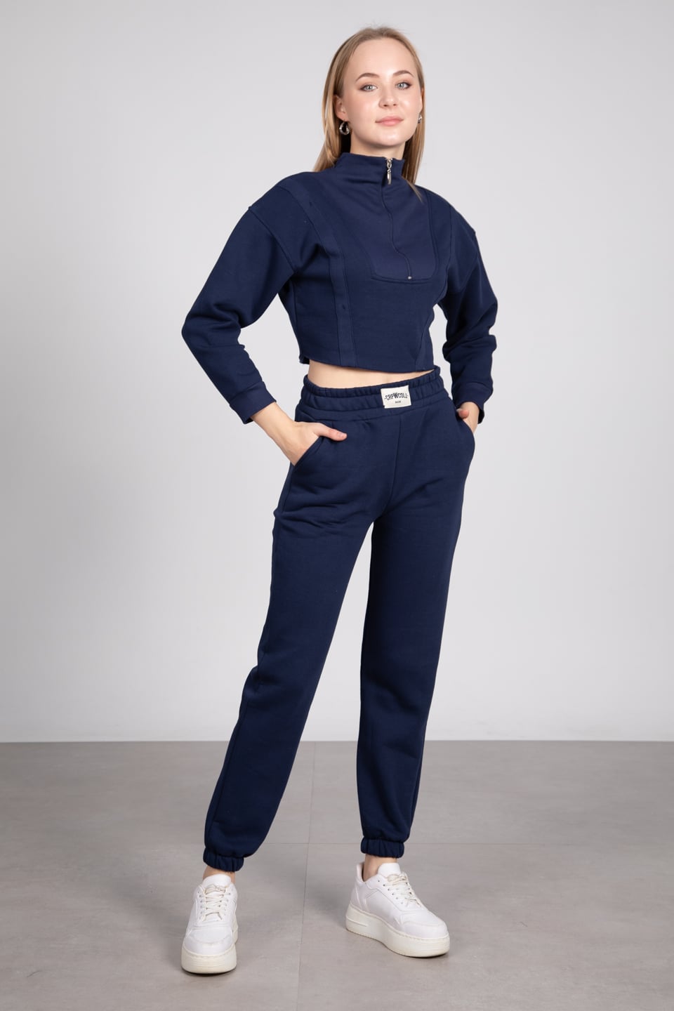 Yaka fermuarlı paça lastikli crop eşofman takım-82014 Lacivert