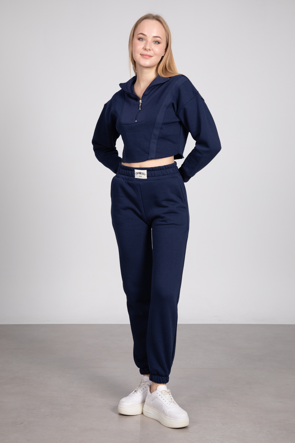 Yaka fermuarlı paça lastikli crop eşofman takım-82014 Lacivert