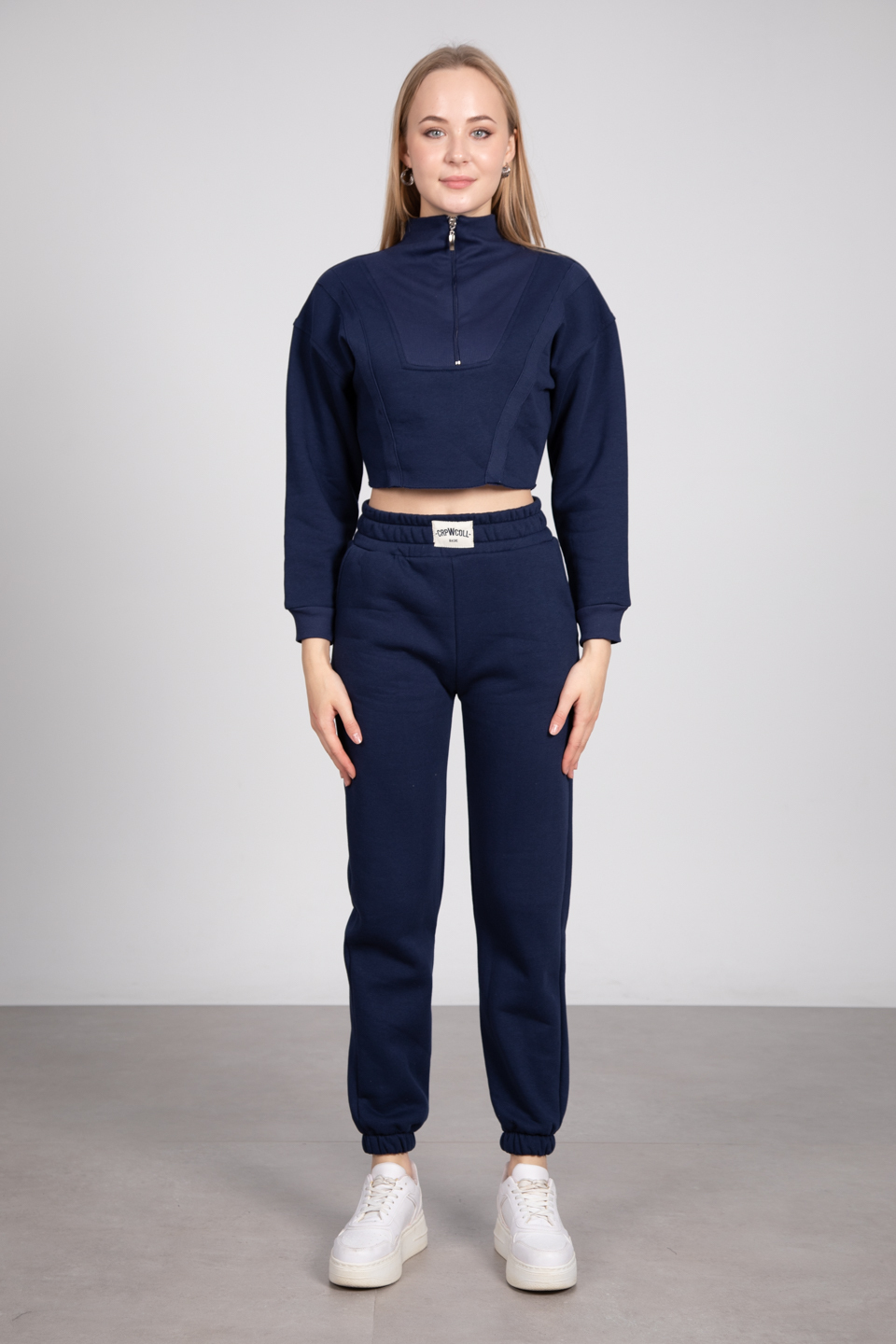 Yaka fermuarlı paça lastikli crop eşofman takım-82014 Lacivert