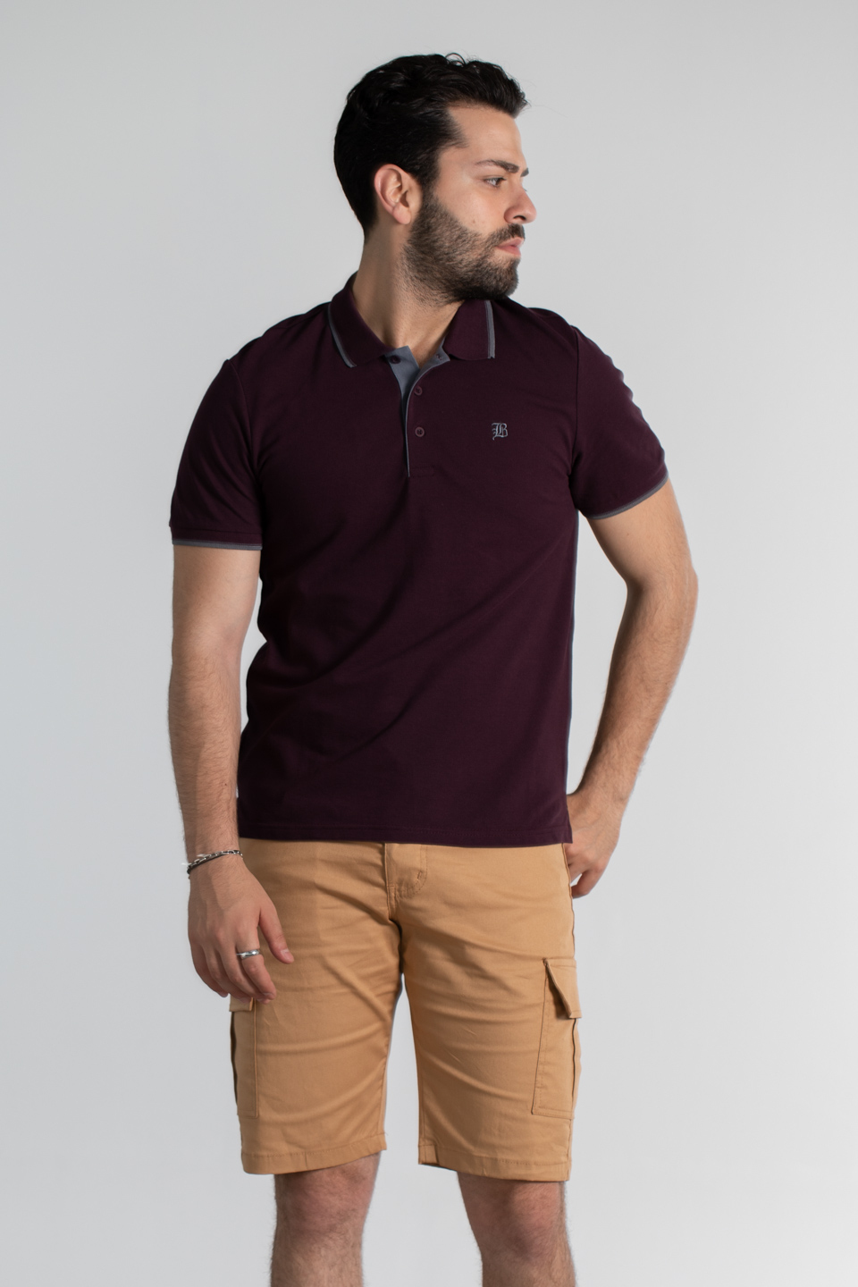 Yaka ve kol çizgili pike t-shırt-2118 Vişne