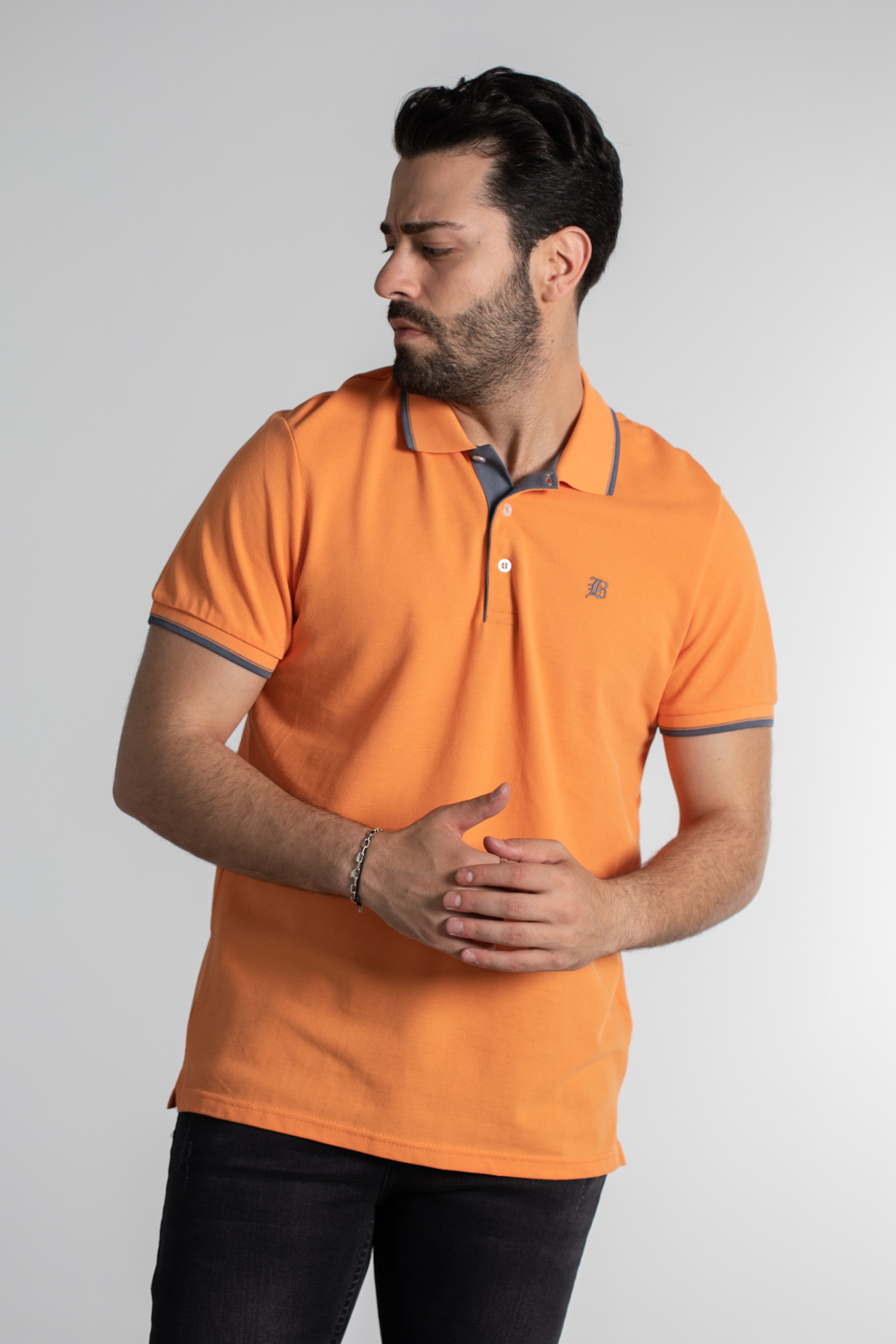Yaka ve kol çizgili pike t-shırt-2118 Oranj