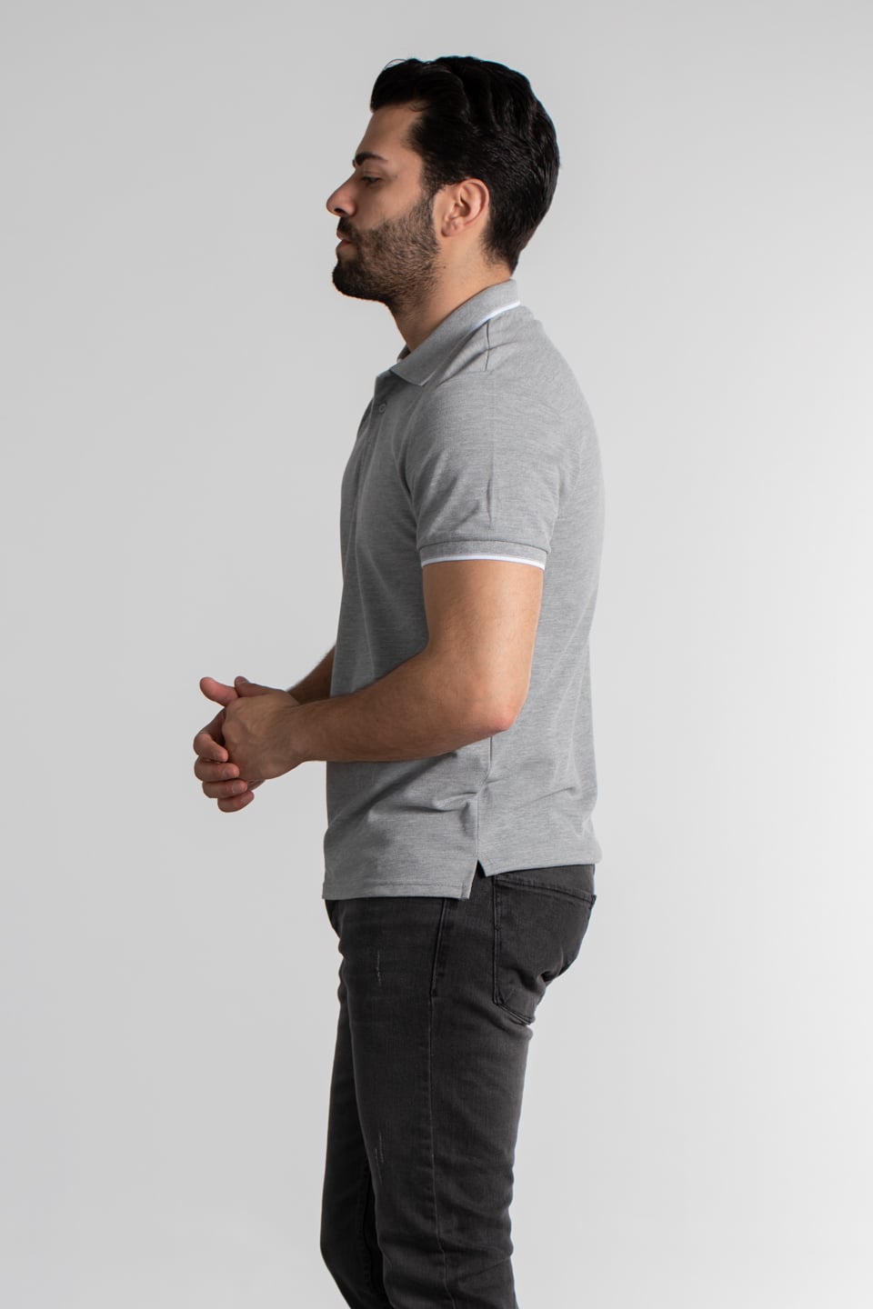 Yaka ve kol çizgili pike t-shırt-2118 Gri Mel.