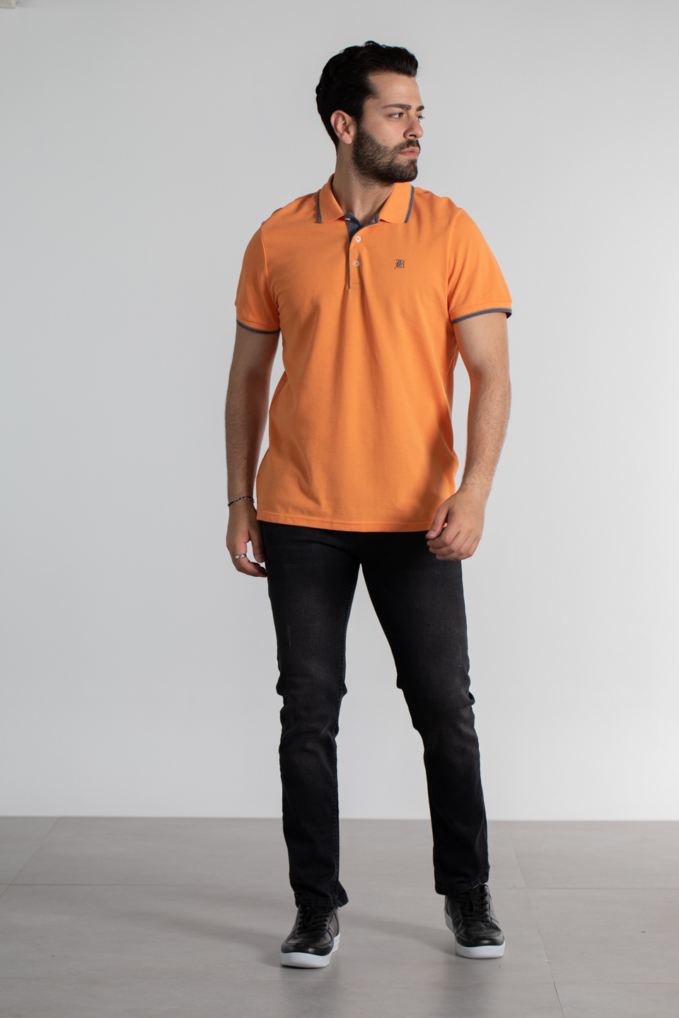 Yaka ve kol çizgili pike t-shırt-2118 Oranj
