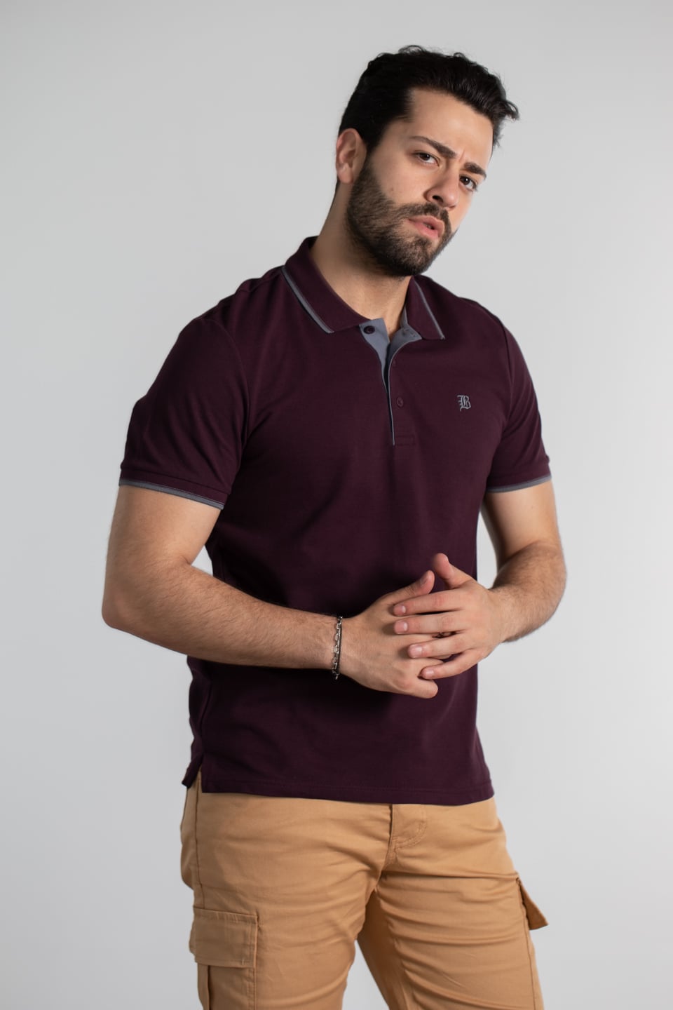 Yaka ve kol çizgili pike t-shırt-2118 Vişne